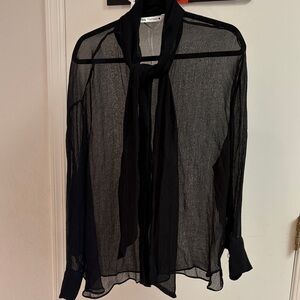 Zara Black Sheer Viscose Blouse with Tie Neck